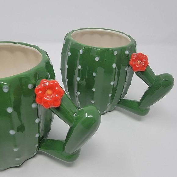 Cactus Ceramic Mugs Green White Red Flower Set of 2 - Picture 7 of 12